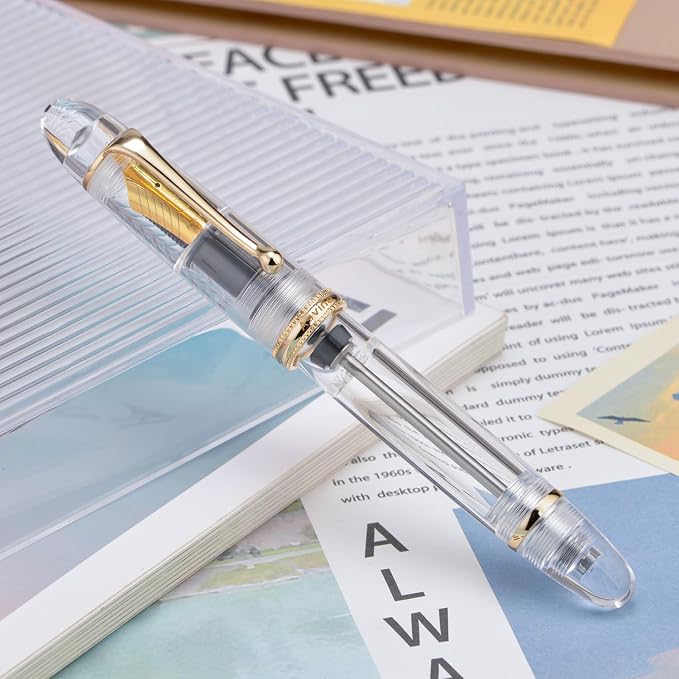 Asvine V800 Fountain Pen - Vacuum Filling System with Large Ink Capacity - Smooth Number 8 Stub Nib 1.1 mm Calligraphy Art Drawing with Gift Case and Wrench- Clear Gold Acrylic