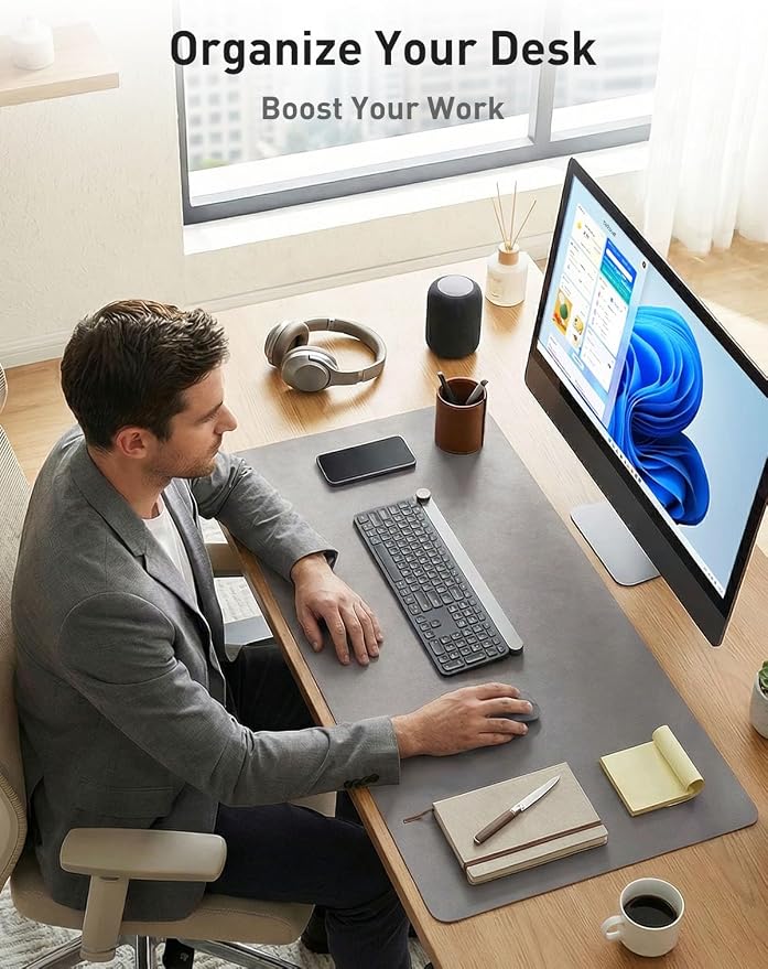 Aothia Faux Leather Desk Mat - Non-Slip PU Leather Desk Blotter, Waterproof Writing Surface, Large Desk Pad for Office & Home (Light Grey, 55" x 17")