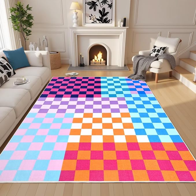 Terrug Multicolored Checkered Rug for Living Room,6x9 Area Rugs Washable with Non Slip for Bedroom,Soft Low Pile Stain Resistance Retro Carpet for Dorm Kids Room