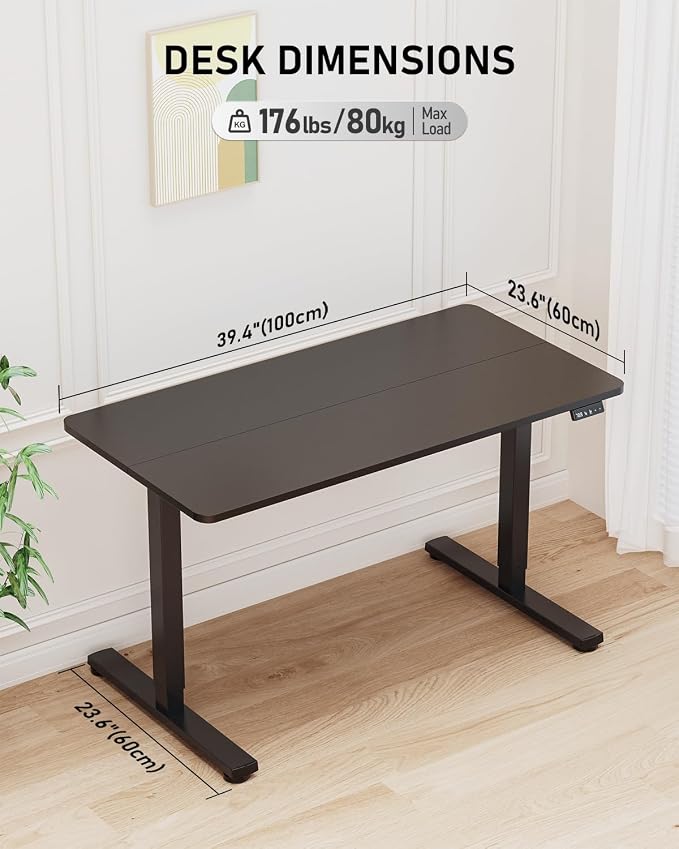 40" Electric Standing Desk Adjustable Height, Sit Stand up Desk for Home Office & Computer Workstation, 2 Memory Height Settings, Splice Board, 2 Hooks, Black Frame/Black Top