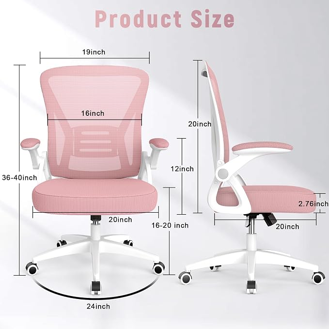 naspaluro Home Office Desk Chair Mid Back with Adjustable Height Pink | Comfy Ergonomic Chair with Flip-Up Arm and Lumbar Support, Breathable Mesh Swivel Computer Chair for Study Working Teacher