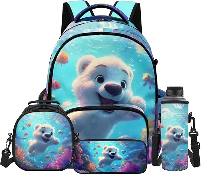 Little Bear Backpack for Girls 6-8 Cute Bookbag with Lunch Box Kawaii Backpacks Set for Girls Cute Large Capacity Schoolbag for Kids Backpack Elementary Back to School Supplies