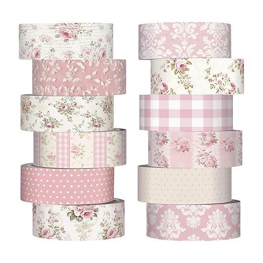 12 Rolls Watercolor Floral Washi Tape Set 15 mm Vintage Flower Decorative Masking Tape for Summer School Arts DIY Craft Scrapbook Journal Supplies Gifts(Light Pink,Polka Dots and Floral)