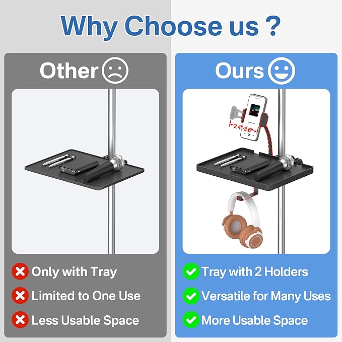 Functional Microphone Stand Tray with Adjustable Mic Stand Phone Holder - 8.7"x6.5" Mic Stand Tray Shelf Clamp-On Music Stand Accessory for Live Streaming Karaoke Recording