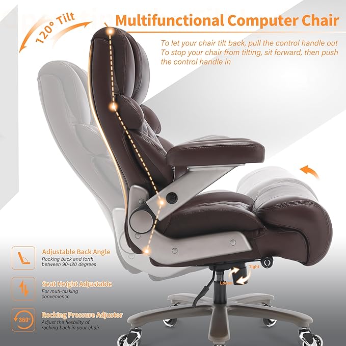 VUZI 700lbs Big and Tall Office Chair, Large Executive Leather Desk Chair | Adjustable Lumbar Support for Back Pain, Plus Size Wheels, 3D Flip Arms, Heavy Duty Metal Base, Wide Seat Computer Chair