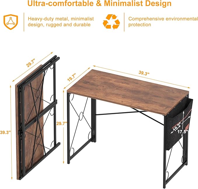 VECELO Folding Desk with Storage Bag 39 Inch Writing Desk Home Office Sturdy Steel Laptop Table for Home Office Work Retro Brown