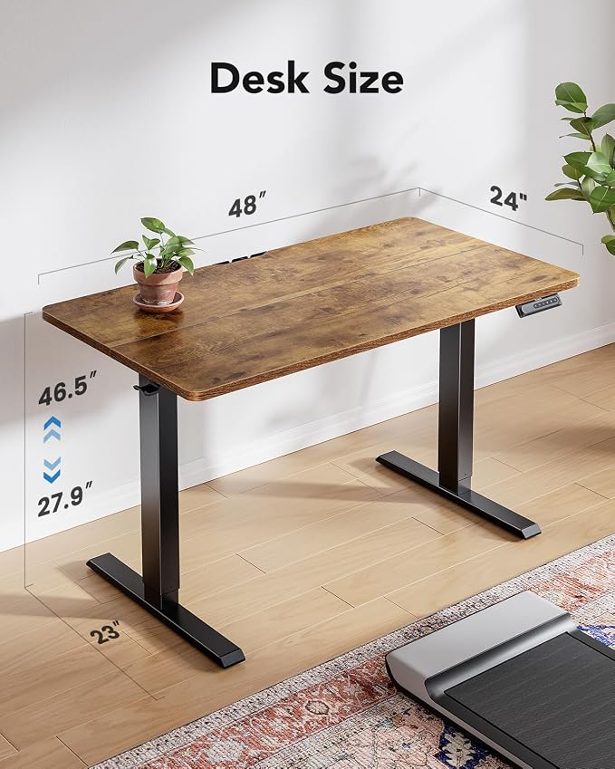 HUANUO 48 x 24 Inch Electric Standing Desk, Height Adjustable Computer Gaming Desk with 4 Memory Presets, Home Office Sit Stand Desk with Hooks & Cable Management, Vintage
