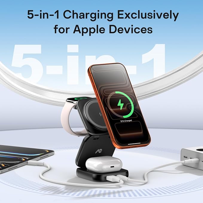5-in-1 Wireless Charger for MagSafe, AC ISLAND Portable Travel Charging Station, 35W Max Qi2 Fast Foldable Magnetic Stand, Evolved for iPhone 17-12 Series, Apple Watch, AirPods (with 35W Adapter)