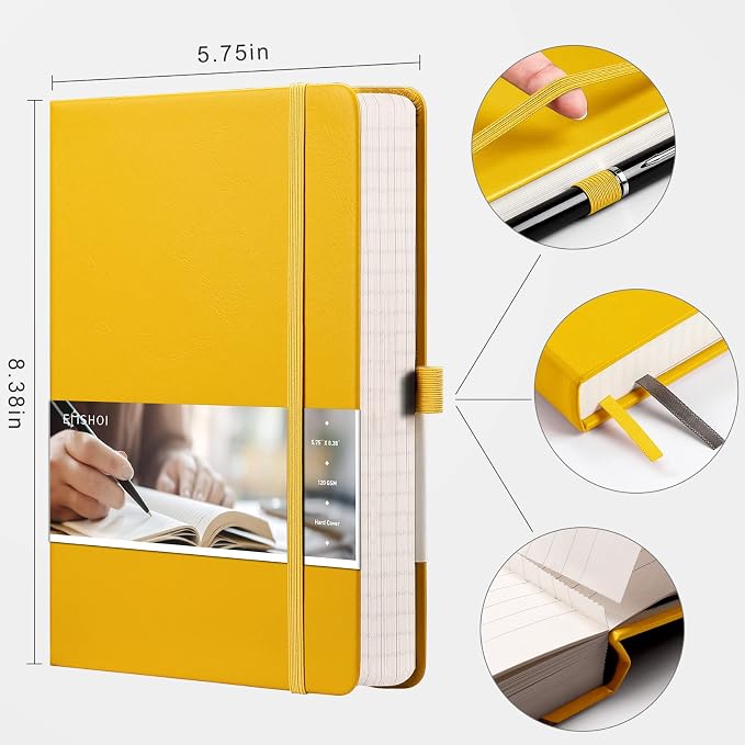 EMSHOI A5 College Ruled Notebook, 256 Numbered Pages 120GSM Ink-Proof Faux Leather Hardcover Lay-Flat Lined Journal for Work Office School Travel Writing, Small 5.75" x 8.38", Yellow