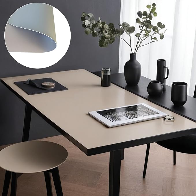 Leather Table Cover,1.8mm Thick,24x48 Inch,Table Protectors for Rectangle,Waterproof Desk Pad, Scratch - Resistant Craft Mat for Dining Table, Office Desk and Art Station (Taupe+Silver Gray)