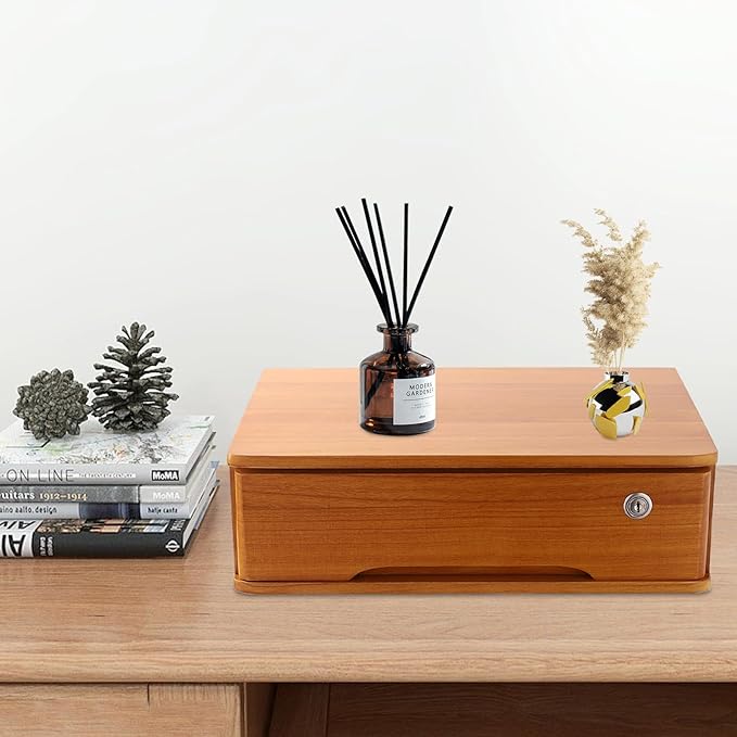 Desktop Storage Box with Lockable Drawer, Office Supplies Drawer Organizer, Wooden Desk Organizer, Small Bamboo Storage Box for Desk, Modern Desktop Drawer Organizer (Wooden Yellow)