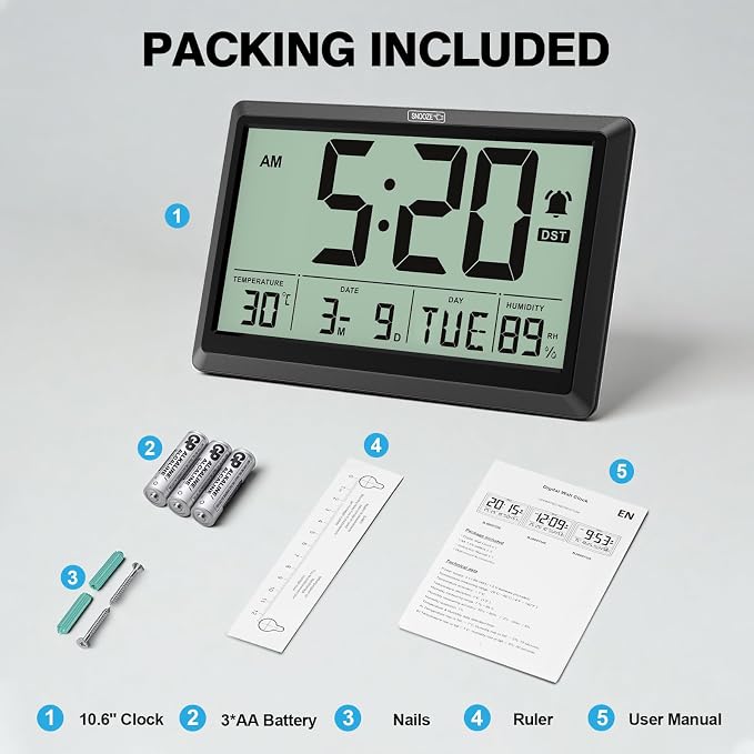 XREXS 10.4 Inch Digital Wall Clock Battery Operated Large Display Clock | Digital Calendar with Indoor Temperature/Humidity/Date/Day, Auto DST for Classroom, Livingroom, Office(No Backlight)