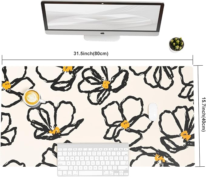 Colorful Star Leather Waterproof Desk Pad, Large Computer Keyboard Mat, Mousepad Office Accessories for Women, Abstract Line Floral 31.5" x 15.7"