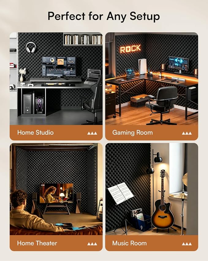 SODOCT 2 Pack Large Egg Crate Acoustic Foam Panels, 48 x 24 x 1.2 Inches High Density Sound Proof Foam for Walls, Professional Sound Absorbing Studio Panels for Home Theater, Recording (Black)