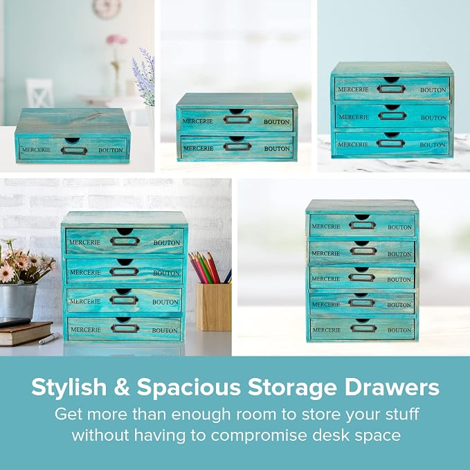 5-piece Full Matching Set Turquoise Wooden Cabinets,European Country Style Desk Organizer Boxes,Multi-level Teal Wooden Stackable Drawers,Countertop Organizer Drawers w/ Label Holder,Desktop Chests