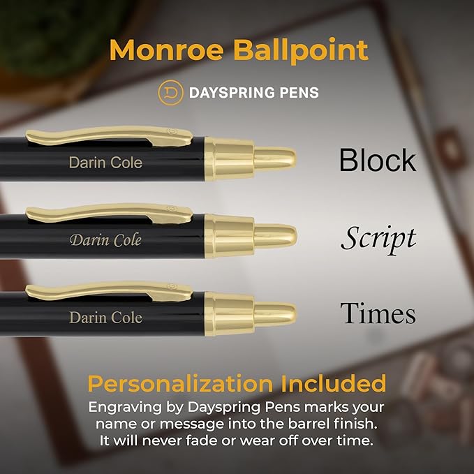 Dayspring Pens, Monroe Black Ballpoint Pen, Custom Engraved with 18K Gold Accents, Click Action, Medium Point Black Ink, Gift for Graduation, Career Advancement, Nurse Appreciation, Birthdays
