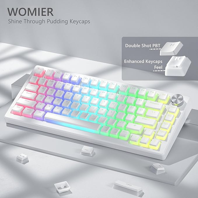 Womier Double Shot PBT Keycaps, Pudding White Keyboard Key caps, OEM Profile Custom Keycaps 75 Percent 129-key Set for 60% 65% 75% 100% Cherry Gateron MX Mechanical Keyboard-White