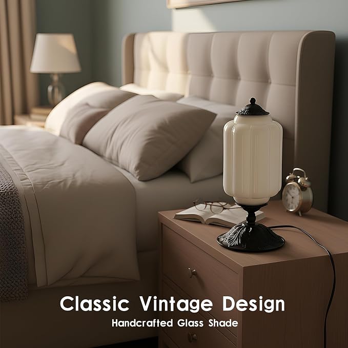 Vintage Touch Bedside Table Lamp, Elegant Green Glass Bedside Desk Lamp 3 Way Dimmable with USB C+A Charging Ports - Bedroom Nightstand & Living Room Essential (White, 6.5)