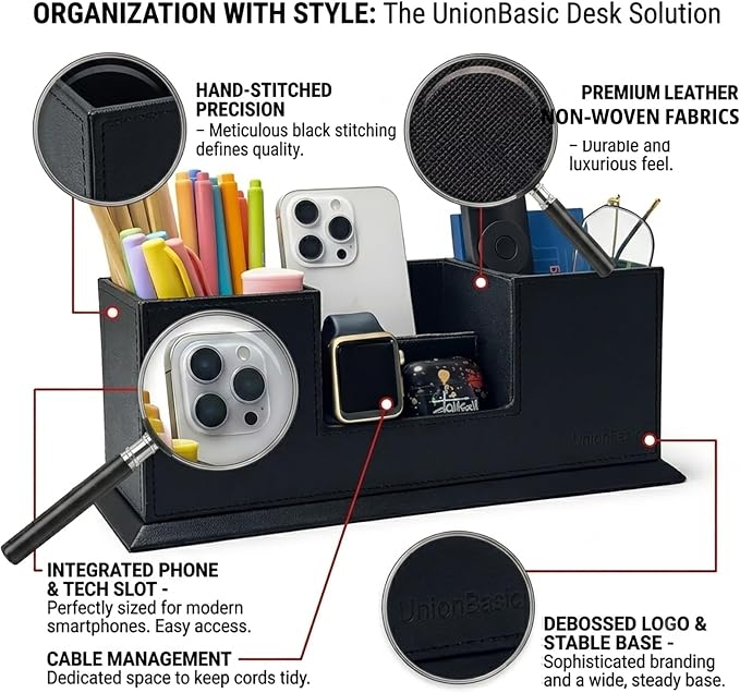 UnionBasic Desk Organizer, Desktop Caddy Leather Multi-compartment Pen Holder Office Stationer Organizer, Black