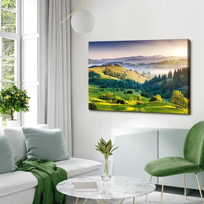Green Misty Forest Wall Art Spring Mountain Landscape Wall Decor Large Nature Scenery Canvas Picture Painting Modern Framed Artwork for Bedroom Living Room Bathroom Office Home Decoration 32 x 48 Inch