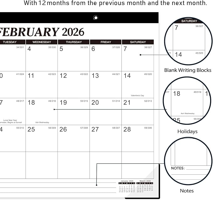 2026 Desk Calendar - 12 Monthly Desk Calendar 2026, Feb.2026 - Dec.2026, 14.6" x 11.5", Desk/Wall Calendar 2-in-1, Thick Paper with Corner Protectors, Hanging Holes, Large Daily Blocks