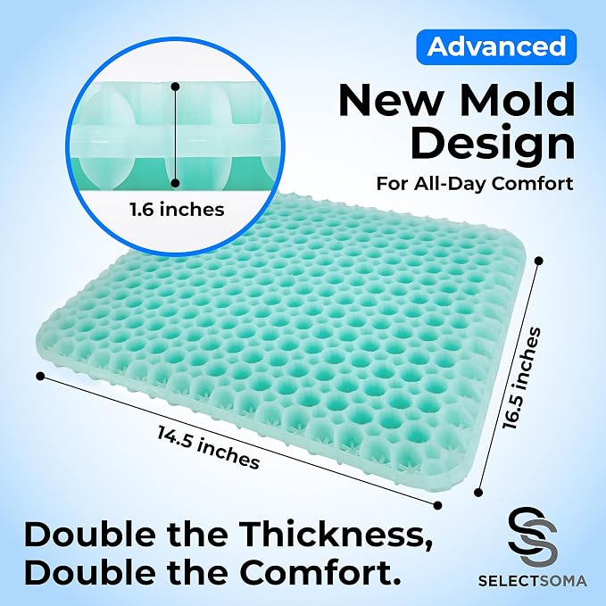 SelectSoma Mint Green Gel Seat Cushion for Long Sitting, Patent-Pending Mold Design, Double-Thick Pressure Relief for Tailbone, Sciatica, Coccyx & Back Pain - Office Chair, Car, Wheelchair, Truck