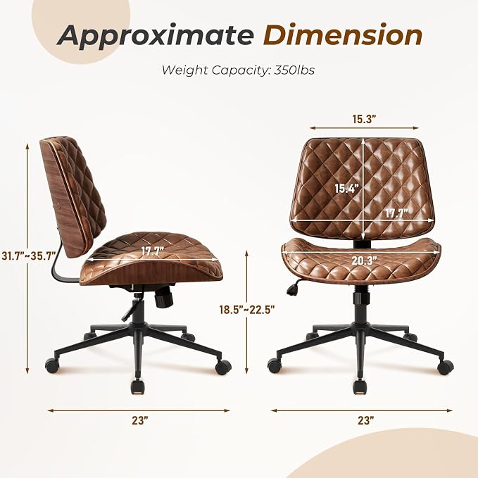 Furnimart Wooden Armless Desk Chair with Wheels, 360° Swivel Faux Leather Vanity Chair for Bedroom, Small Office Computer Task Chair for Home & Compact Spaces (PU Brown)
