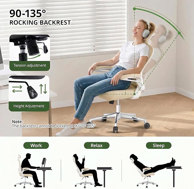 Office Chair, Ergonomic Breathable Mesh Chair,Flip-Up Arms and Adjustable High Back Lumbar Support,Comfy Computer Chair for Home Office (Beige, 407)