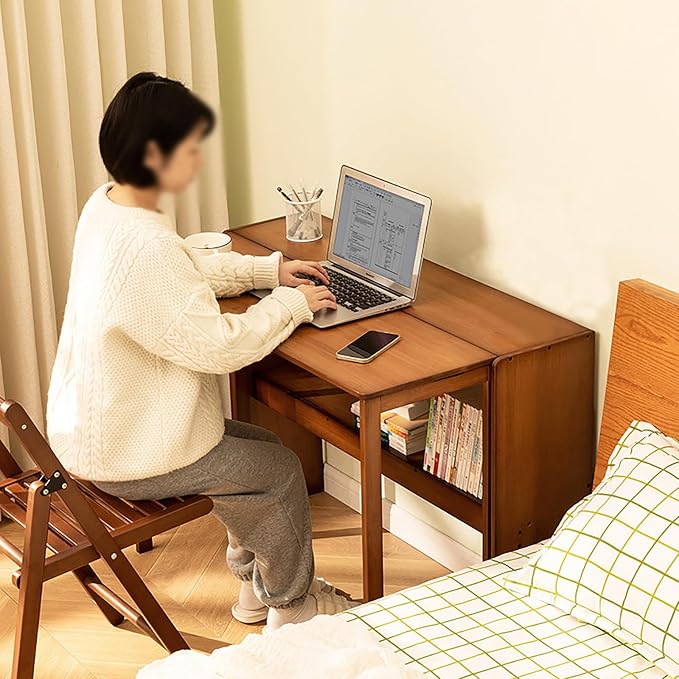 Folding Desk for Small Space, Computer Desk with Bookshelf Multifunctional Bamboo Rectangular Dining Table Work Desk, Writing Desk for Student Office, 40.5" W x 29.9" H (Dark Brown)