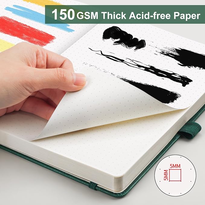 AHGXG Dotted Journal - 150 GSM Dot Grid Notebook Journal, Thick Acid-Free Paper, A5 Dotted Notebook 128 Pages, Leather Hardcover, Inner Pocket, Journal Stencil, 5.7'' × 8.3'', Dark Green