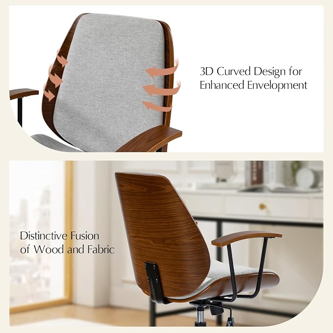 HULALA HOME Solid Wood Office Chair with Tilt Function & Metal Base, Grey | Mid Century Modern Desk Chair with Bent Wood Frame, 360° Swivel Fabric Computer Task Chair, Height Adjustable
