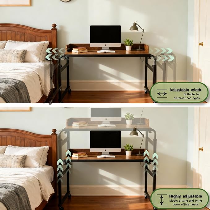 Overbed Table with Wheels and Desktop Enclosure, Height and Length Adjustable Over Bed Desk King Queen Bed Table Overbed Laptop Table (Rustic Brown)