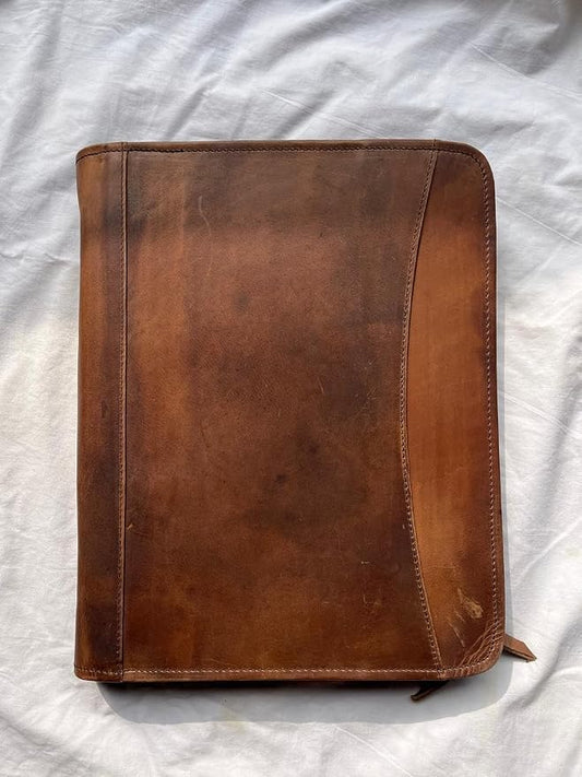 Leather Portfolio Organizer with Zipper for Men Women, Padfolio Business Resume A4/Pad, Folder Organizer, Legal Pad Holder with Card Slots, Zippered Padfolio for Business Documents (Brown)