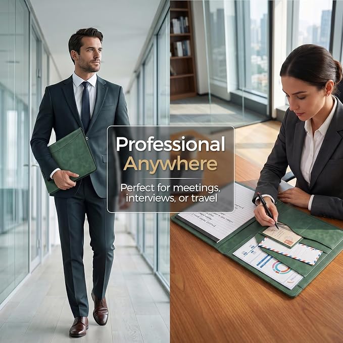 Koogel Padfolio Portfolio Folder, Leather Clipboard Portfolio Binder 13x10 inch Legal Writing Pad for Document Organizer Business Notepad Clip Boards for Office School Conference Meeting, Dark Green