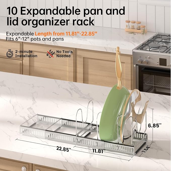 MUDEELA Expandable Pot Pan Lid Organizers inside Cabinet, 10 Divider-Silver | Expandable 11.8–22.9", 10 Adjustable Divider, Tool-Free Assembly, Non-Slip, Scratch-Proof, For Pan Lid Cutting Board Bakeware