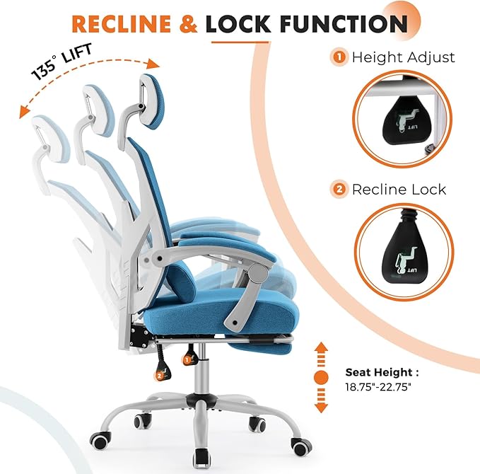 Sweetcrispy Office Computer Desk Chair, Ergonomic High-Back Mesh Rolling Work Swivel Chairs with Wheels, Comfortable Lumbar Support, Comfy Arms for Home, Bedroom, Study, Student, Blue