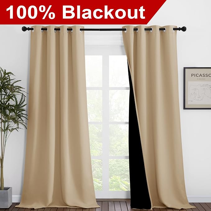 NICETOWN Living Room Completely Shaded Draperies, Privacy Protection & Noise Reducing Black Lined Insulated Window Treatment Curtain Panels for Patio Door (Set of 2 Pcs, W46 x L90, Biscotti Beige)