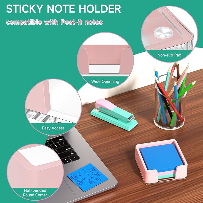 Sticky Note Holder, Pink Acrylic Notepad Holder 3x3 in Self-Stick Note Dispenser Office Desk Accessories, Memo Pad Holder Organizer for Classroom School Supplies