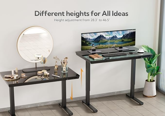 Claiks Small Glass Standing Desk with Drawers & USB Ports 32x19 Black | 3 Steps Quick Install, Buil in Drawer, USB Ports, Ultra White One-Piece Glass Top, Writable Top
