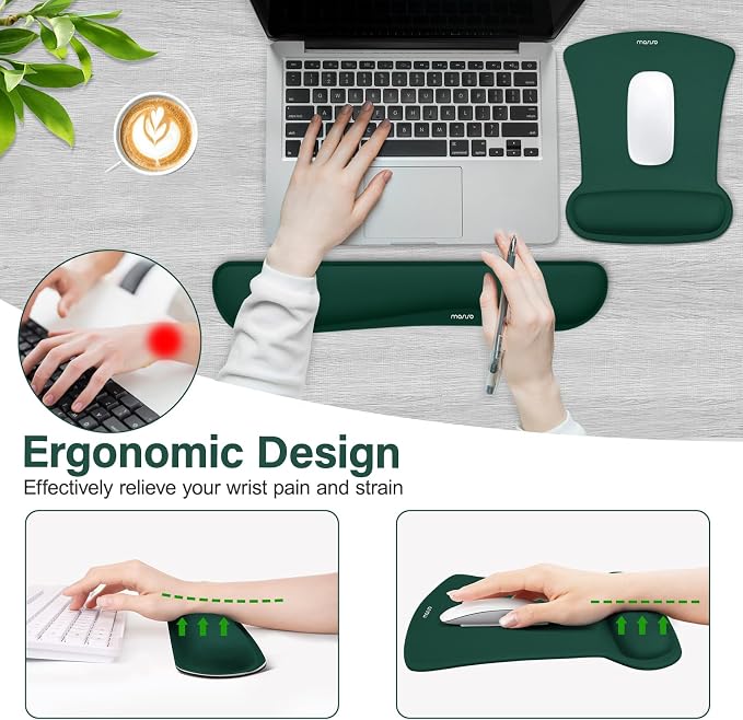 MOSISO Wrist Rest Support for Mouse Pad & Keyboard Set, Ergonomic Mousepad Non-Slip Base Home/Office Pain Relief & Easy Typing Cushion with Neoprene Cloth & Raised Memory Foam, Peacock Green