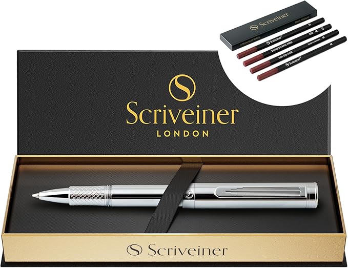 Scriveiner Silver Chrome Rollerball, Award Winning Luxury Pen, Heavy Pocket Pen with Chrome Finish, bundle with Rollerball Refill Black Medium - 4 Rollerball Refills in one box