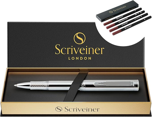 Scriveiner Silver Chrome Rollerball, Award Winning Luxury Pen, Heavy Pocket Pen with Chrome Finish, bundle with Rollerball Refill Black Medium - 4 Rollerball Refills in one box