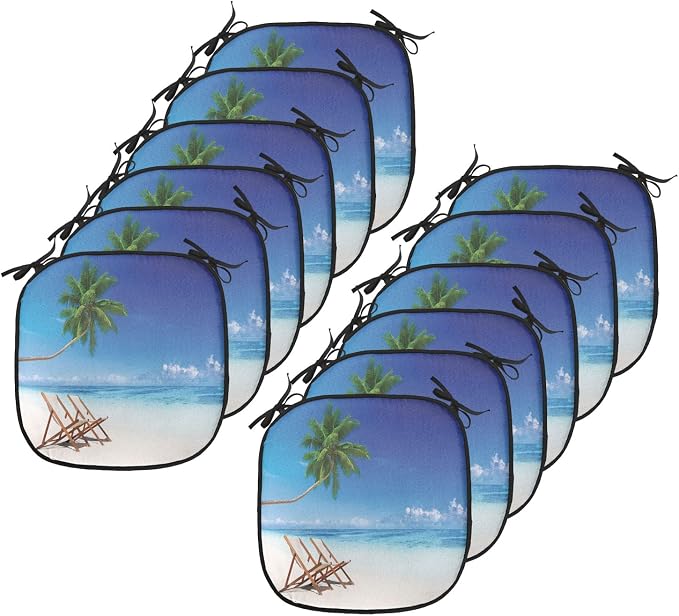 Lunarable Coastal Chair Cushion Pads Set 12, Havana Paradise Beach Exotic Travel Locations in The Morning Tropical Climate, Anti-Slip Seat Padding for Kitchen & Patio, 16"x16", Blue Brown White