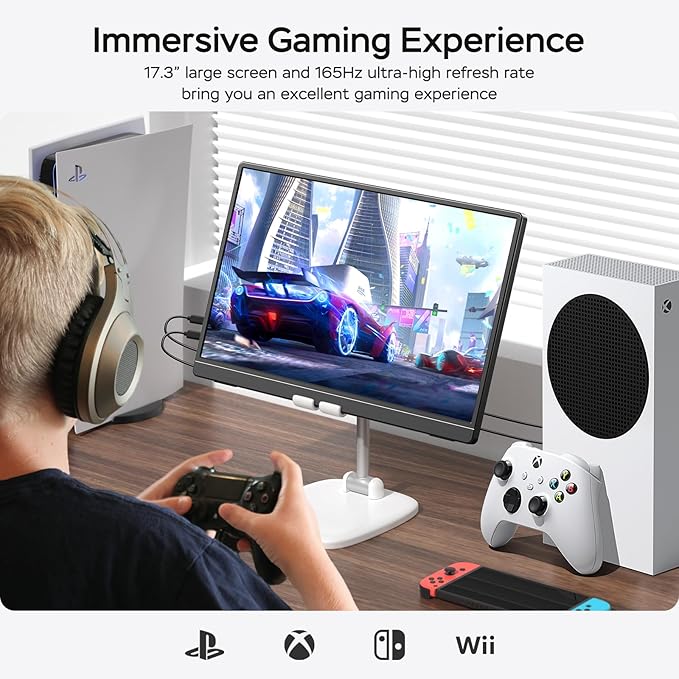 MNN 17.3" 2.5K Portable Monitor 165Hz 2560x1440 QHD, 100% sRGB IPS Gaming Monitor, USB-C & HDMI External Display with Kickstand, Slim Semi-Metal Travel Monitor for Laptop, Phone, PS5, Xbox