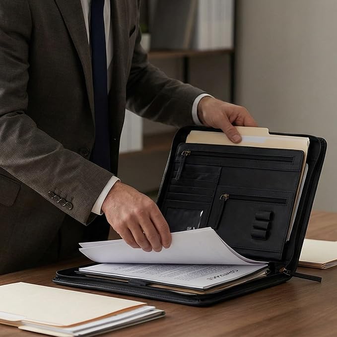 LEATHER VILLAGE Leather Portfolio Organizer - Professional Business Padfolio for Men & Women - Stylish Document Card Holder, Folio for A4/Letter Size Writing Legal Pad, Black