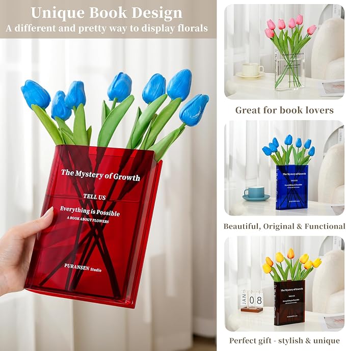 Puransen Red Book-Shaped Vase for Flowers - Aesthetic Room Decor for Modern Home/Office, Minimalist Shelf Organizer with Floral Display, for Book Lovers & Interior Design Enthusiasts