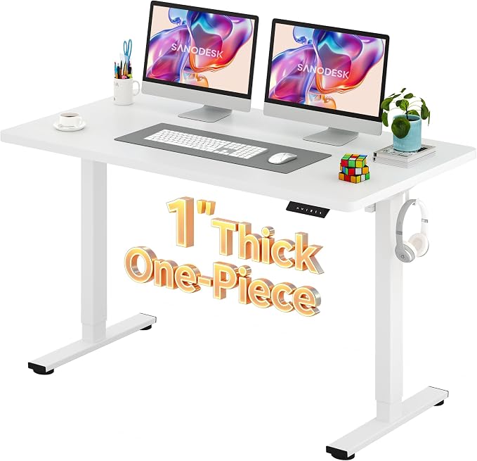 SANODESK Electric Standing Desk 55 x 28 Inches Whole-Piece Desktop Height Adjustable Stand Up Desk w/6-Button Controller Ergonomic Computer Desk for Home Office, White Frame + White Tabletop