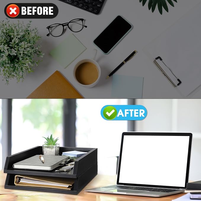DoubleFill 2 Pcs Wooden Letter Trays 2 Tier Desktop Paper Organizer Wood Letter-Size Desk Document Tray Heavy Duty Stackable Paper Drawer Holder File Folder Back to School Office Home (Black)