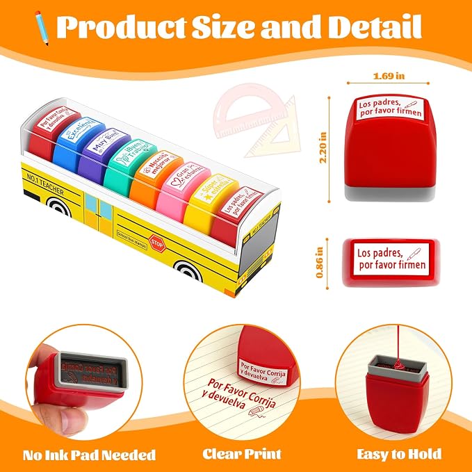 8Pcs Spanish Teacher Stamps for Classroom Rubber Self Inking Grading Stamps Set Motivation Teacher Stamp Set for Bilingual School Elementary Kid Homework Reward Supplies, Sellos para Maestros