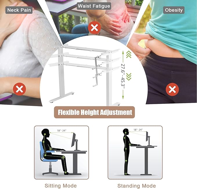 Tangkula Hand Crank Stand Up Desk Frame, Manual Height Adjustable Standing Workstation with Foldable Crank Handle, Cable Management Tray, Headphone Hook, Ergonomic Sit Stand Desk Frame for Home Office